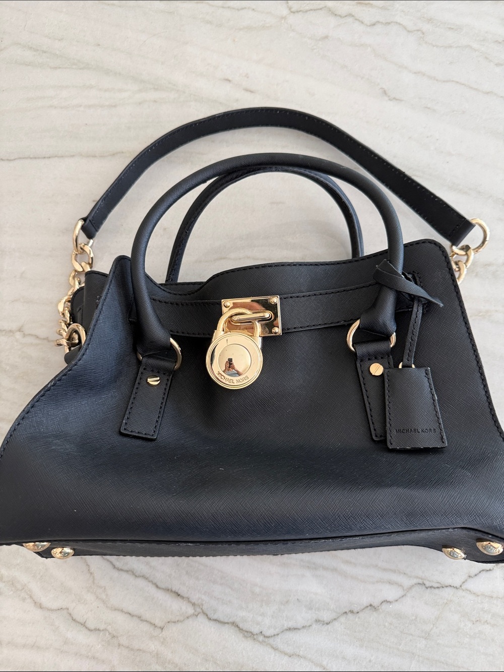 Michael Kors Black Leather Satchel with Gold Lock Detail